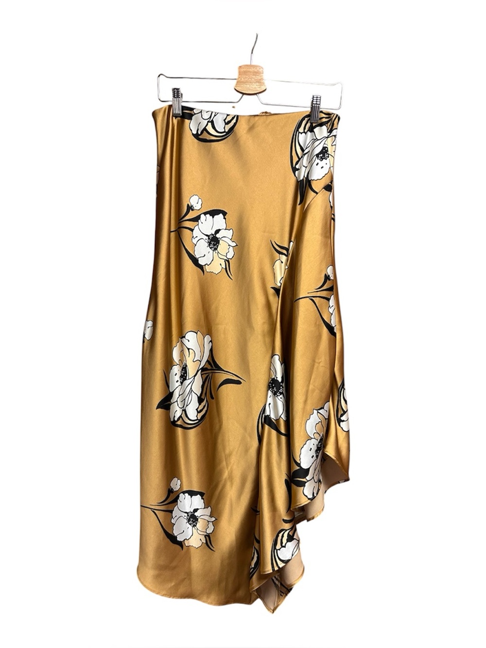 White House Black Market Gold Floral Satin Asymmetrical MIDI Skirt